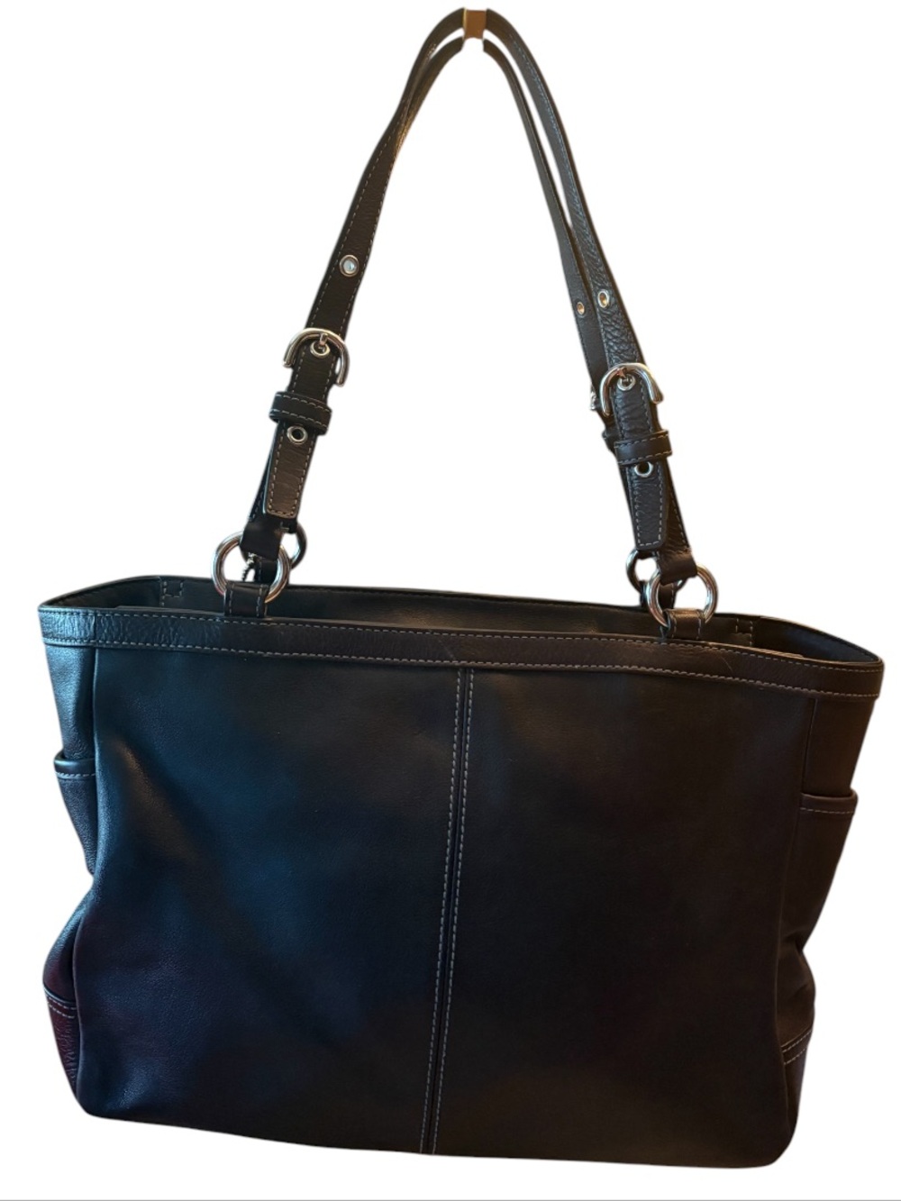 COACH F13759 Pleated Black Leather East West Gallery Handbag Tote Purse - Picture 2 of 13